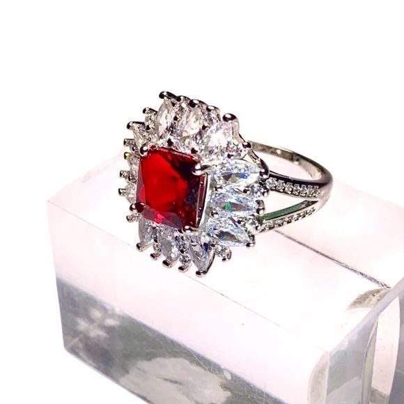 Garnet & CZ Gemstone Ring of 925 Sterling Silver Overlay (8.5) - Picture 6 of 10